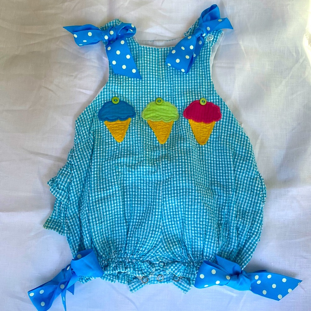 Adorable, aqua and white gingham Bailey Boys 18 month bubble. ruffles on back!